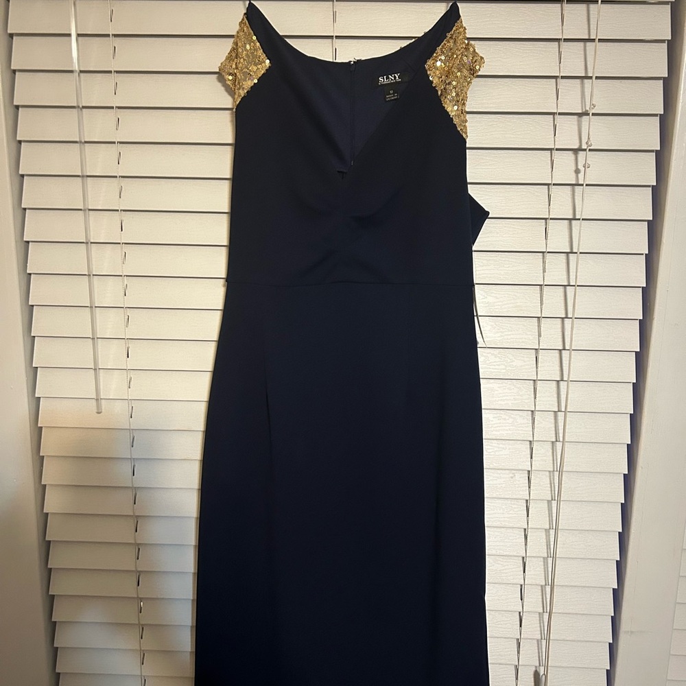 SLNY Navy Midi Dress with Gold Sequin Shoulders